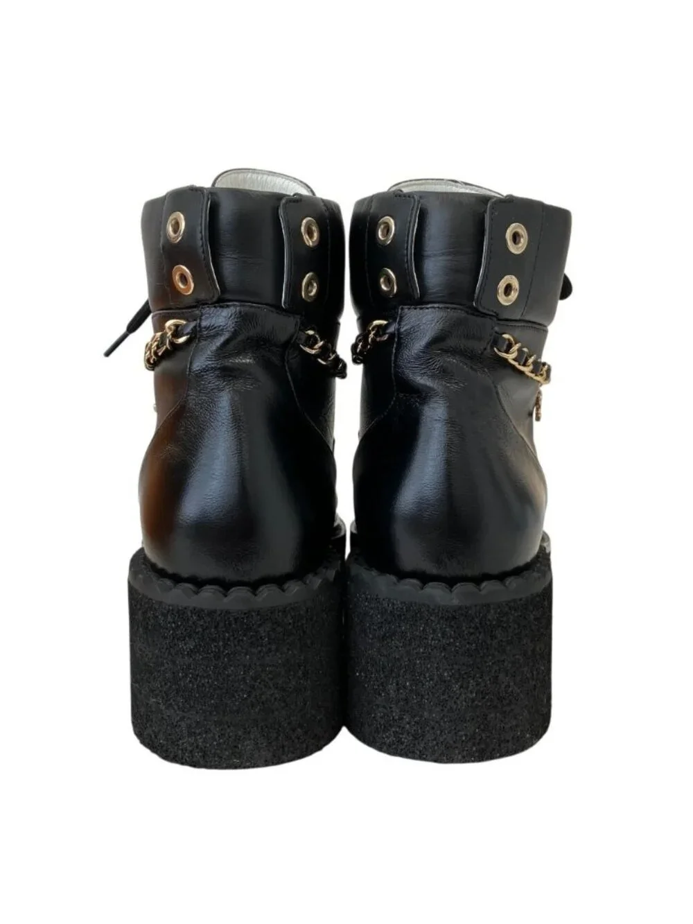 Chanel CC Logo Chain Decoration Lace Up Boots 37.5 Black